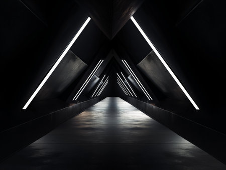 A dark, triangular corridor illuminated by linear white lights, creating a futuristic and symmetrical ambiance.の素材