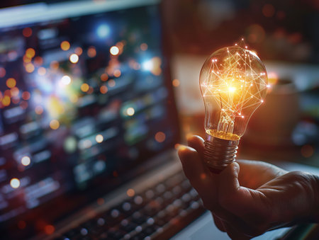 A hand holds a glowing light bulb with network connections, set against a blurred computer screen with bokeh lights.の素材