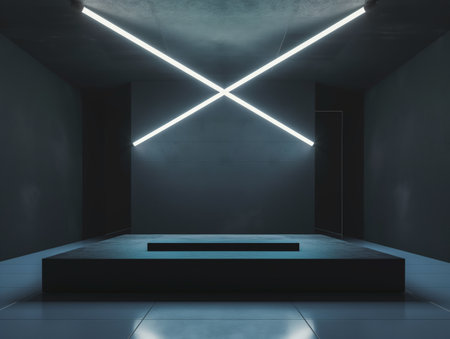 A dark, minimalist room features two intersecting neon lights on the ceiling, casting a soft glow on a central platform.の素材