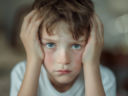 A young boy with blue eyes and tousled hair rests his face in his hands, looking pensive and thoughtful.の素材