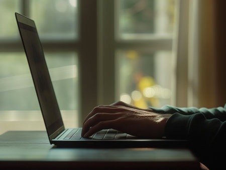 A person types on a laptop in a dimly lit room with sunlight streaming through a window in the background.の素材