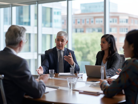 Four professionals engage in a discussion around a conference table in a modern office with large windows.の素材