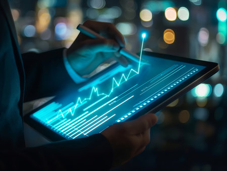 A person uses a stylus to interact with a glowing graph on a digital tablet, with a blurred cityscape in the background.の素材