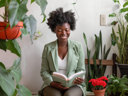 A woman in a green blazer smiles while reading a book, surrounded by various indoor plants.の素材