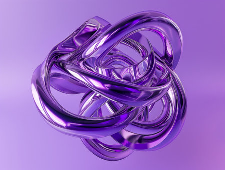 A complex, intertwined knot made of glossy, translucent purple glass set against a matching purple background.の素材