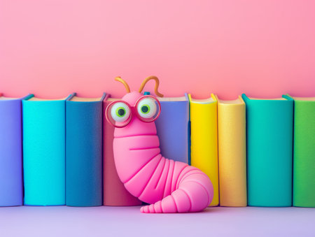 A pink worm with glasses sits in front of a row of colorful books against a pink background.の素材