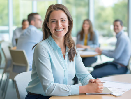 A smiling woman in a light blue shirt sits at a table in a bright office, with colleagues in the background.の素材