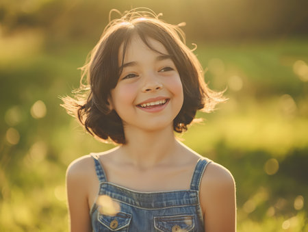 A young girl with short hair smiles brightly in a sunlit field, wearing denim overalls. The background is a soft blur of green, capturing the warmth and joy of the moment.の素材