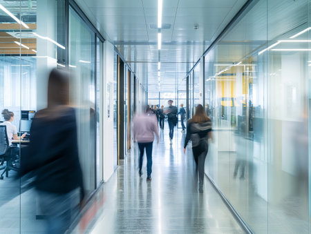 A modern office hallway with glass walls, featuring blurred figures walking and employees working at desks.の素材