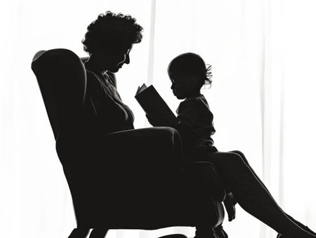 A silhouette of an adult reading a book to a child sitting on their lap, against a bright background.の素材