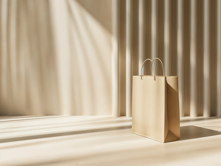 A beige paper bag with handles stands on a sunlit floor, casting soft shadows against a background of vertical blindsの素材