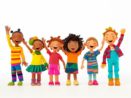 Six cartoon children in colorful outfits stand in a row, smiling and waving enthusiastically.の素材