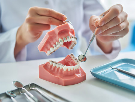 A person demonstrates dental procedures on a model with braces using dental tools, with a tray of instruments nearby.の素材