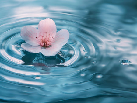 A soft pink flower floats serenely on rippling blue water, creating gentle waves and reflectionsの素材