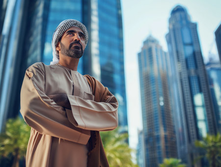 A man in traditional Middle Eastern attire stands confidently with arms crossed, set against a backdrop of modern skyscrapers and palm trees.の素材