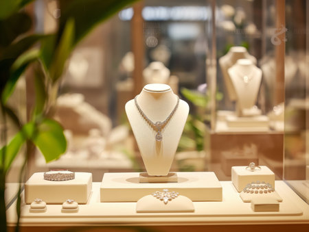 A luxurious jewelry display featuring a diamond necklace, rings, and bracelets on cream-colored standsの素材