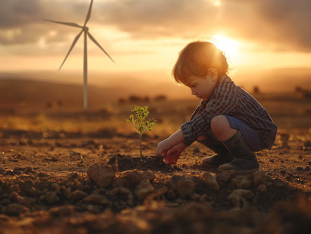 A child crouches to plant a small tree in a field at sunset, with a wind turbine in the backgroundの素材