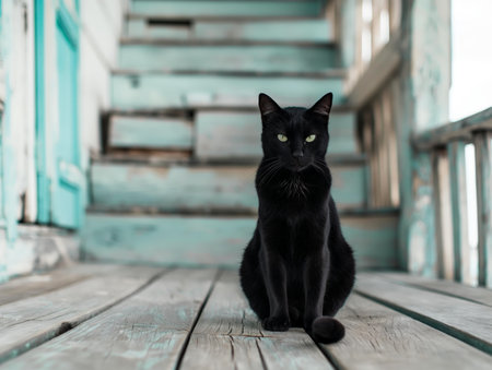 A black cat with green eyes sits on weathered wooden steps, surrounded by a rustic, teal-painted porch.の素材