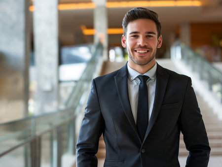 A man in a black suit and tie smiles confidently while standing in a modern building with glass railings and stairs.の素材