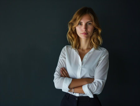 A woman with wavy blonde hair stands confidently with arms crossed, wearing a white shirt and dark pants, against a dark background.の素材