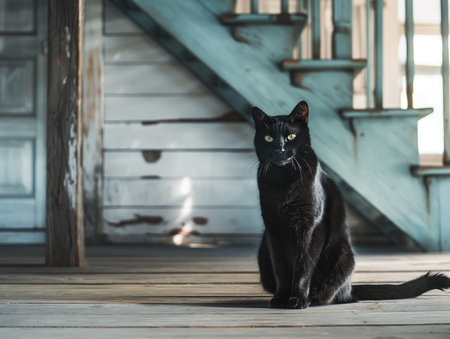 A black cat sits on a wooden floor in front of a rustic staircase, with sunlight streaming in.の素材