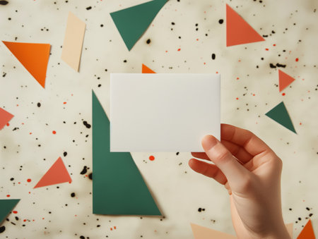 A hand holds a blank white card against a background of colorful geometric shapes and splatters.の素材