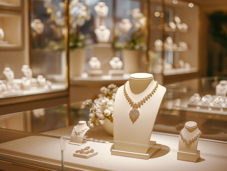 A luxurious jewelry store showcases an elegant necklace, bracelet, and rings on white stands, surrounded by floral decor and glass cases filled with more jewelryの素材