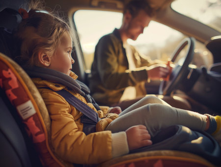 A young child in a car seat looks out the window while an adult driver focuses on the road ahead.の素材