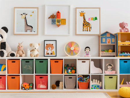 A vibrant childrens playroom with toys, stuffed animals, colorful storage bins, and framed artwork on the wall.の素材