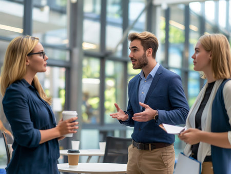 Three colleagues engage in a lively discussion in a modern office setting, holding coffee and documents.の素材