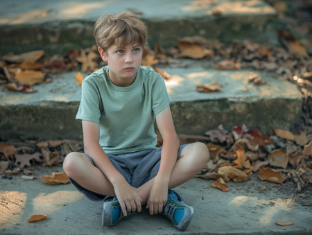 A young boy in a green shirt and gray shorts sits on stone steps, surrounded by fallen autumn leaves.の素材