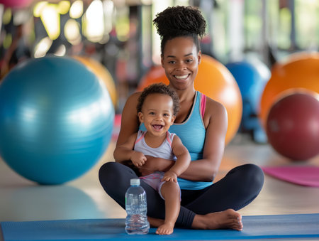 A mother and her smiling baby sit on a yoga mat in a gym, surrounded by colorful exercise balls.の素材