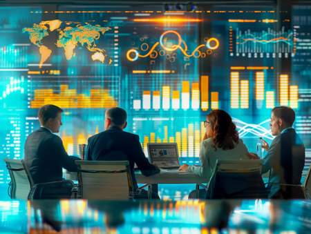 Four professionals sit at a table, analyzing data on a laptop, with digital charts and a world map displayed on a large screen behind them.の素材