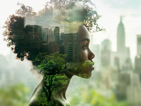 A double exposure image of a womans profile blended with a cityscape and lush greenery, symbolizing the harmony between urban life and natureの素材