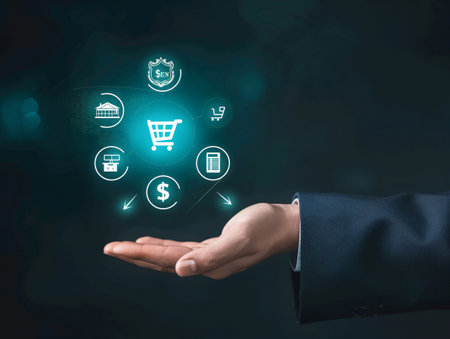 A hand in a suit holds glowing digital shopping icons, including a cart, dollar sign, and bank.の素材