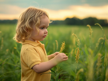 A young child with blonde hair in a yellow shirt examines plants in a lush green field at sunset.の素材