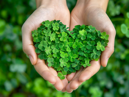 Two hands gently hold a heart-shaped cluster of vibrant green clover leaves, symbolizing love and natureの素材