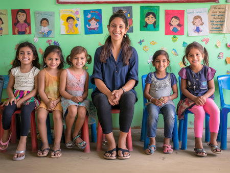 A teacher sits with six smiling young girls in a vibrant classroom adorned with childrens artwork.の素材