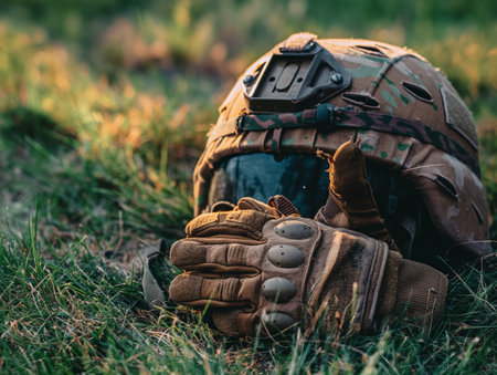 A camouflage military helmet and tactical gloves lie on grass, bathed in warm sunlight.の素材