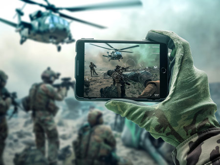 A soldier in camouflage gloves holds a smartphone, capturing a live combat scene with helicopters and armed troops.の素材