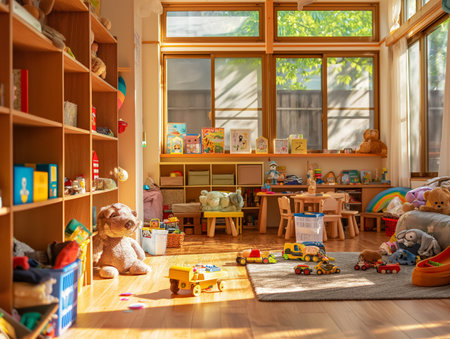 A bright, sunlit playroom filled with toys, books, and stuffed animals. Wooden shelves and tables are neatly organized, creating a warm and inviting space for children.の素材