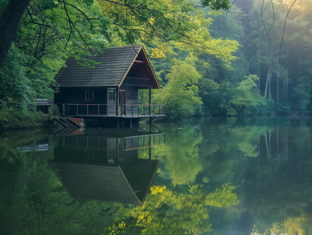 A cozy wooden cabin sits peacefully by a calm lake, surrounded by lush green trees, with its reflection mirrored in the water.の素材