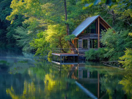 A cozy wooden cabin with large windows and a metal roof sits by a tranquil lake, surrounded by dense, vibrant green foliage.の素材