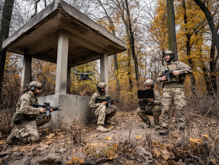 Four soldiers in camouflage gear operate a drone near a concrete structure in an autumn forest.の素材