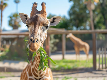 A close-up of a giraffe eating green leaves with another giraffe in the background at a zoo.の素材