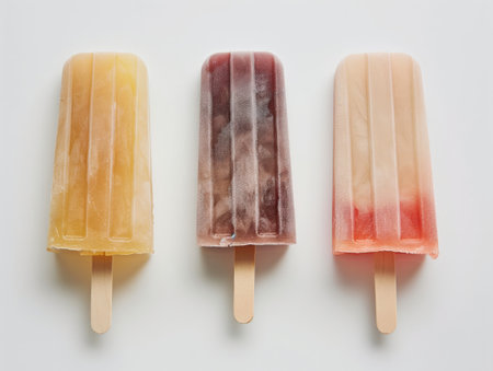 Three popsicles in yellow, brown, and pink are arranged side by side on a white background.の素材