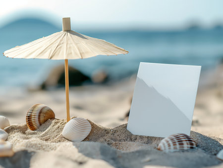 A small beach umbrella shades seashells and a blank card on sandy beach with a blurred ocean background.の素材