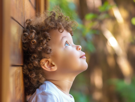 A young child with curly hair gazes upward with wonder, leaning against a wooden wall, surrounded by a blurred natural background.の素材