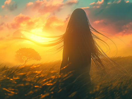 A woman with long hair stands in a field of tall grass, gazing at a vibrant sunset with a tree in the distance.の素材