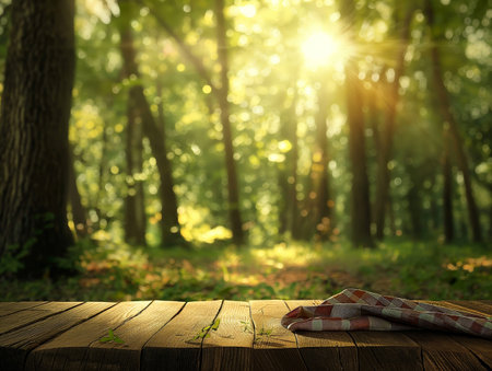 A sunlit forest with a wooden table in the foreground, adorned with a checkered cloth. Sun rays filter through the trees, creating a serene atmosphere.の素材